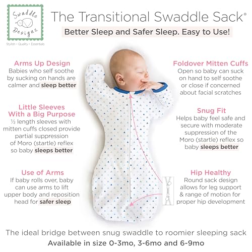 Image of SwaddleDesigns Transitional Swaddle Sack, Arms Up Half-Length Sleeves & Mitten Cuffs, Swaddle for Newborn Transition to Baby Sleep Sack Wearable Blanket, Med, 3-6 Month, 14-21 lb, Blue Tiny Triangles