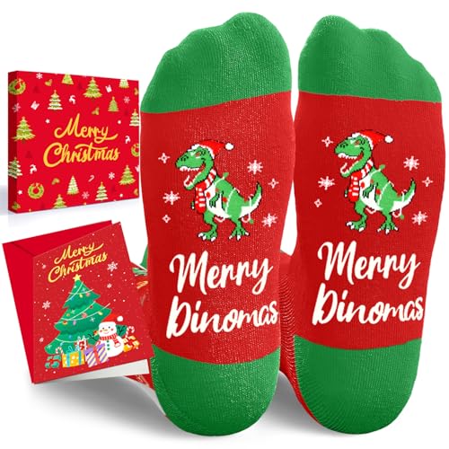 HAPPYPOP Christmas Socks Gifts Stocking Stuffers - Red Christmas Dinosaur Socks for Men Women