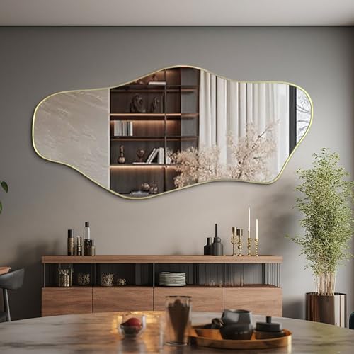 DAOYIJIAJU Large Irregular Mirror, 59"x25.5" Asymmetrical Frameless Mirrors, Gold Organic Shape Wall Mirrors for Living Room Bedroom Hallway Entryway, Horizontal or Vertical Hanging — view 5
