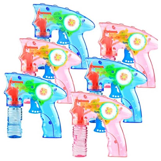 6 Pcs Bubble Gun Shooter LED Light up(no Batteries Needed), Wind up Operated Bubbles Blaster Blower with Bottle Solutions, Bubble Blowing Toy kit for kid Boy and Girl Outdoor Summer Game Party Favor