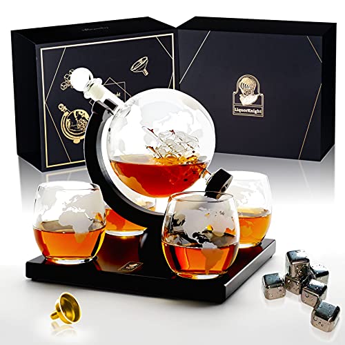 LiquorKnight Globe Whiskey Decanter Set/Hand-Blown Lead-Free Glass/Wooden Stand/Liquor Dispenser Bar Set with 4 Glasses/Whiskey Stones & Funnel/Antique Glass Ship/Home Bar Accessories
