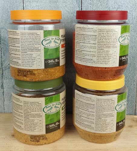 4X 340g Vogelfutter Erdnussbutter für Gartenvögel 4 Verschiedene Sorten Mehlwürmer Nussstücke Frucht Wildvogelfutter Vögel PET-Glas Fettfutter