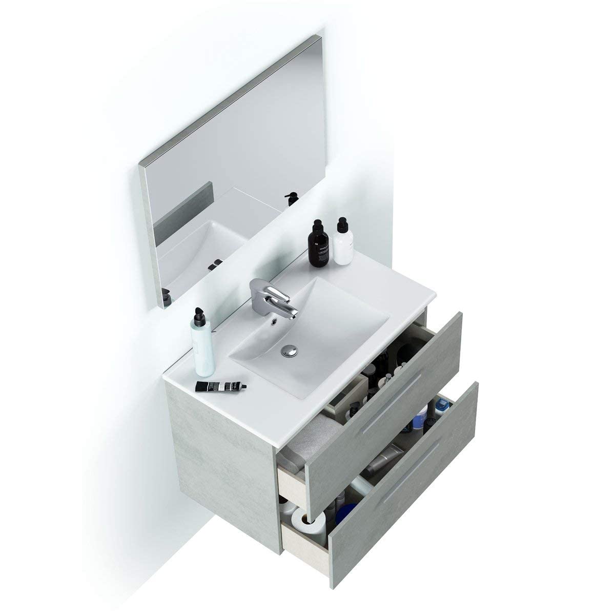 MarinelliGroup Mobile bagno 80 cm sospeso lavabo ceramica specchio 2 cassetti cemento 80 x 45 x 57 cm 305160L
