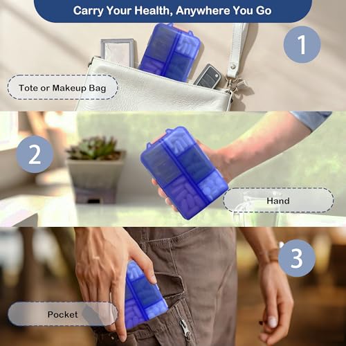 Image of Extra Large Pill Organizer with 161 Medicine Labels, Travel Pill Case | Blue Extra large case with 10 compartments for 7-day pill planning, vitamins, supplements, and travel