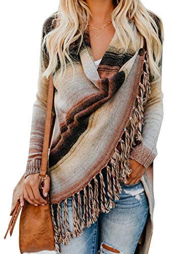 Image of Sexyshine Women's Casual Fall Knit Long Sleeve Tassels Irregular Loose Cardigan Pullover Striped Sweater Poncho