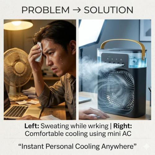 Image of DRUMSTONE Luxurious 5 Years Warranty Portable Rechargeable Air Cooler Fan with Mist Spray Instant Mini AC Cooling Powerful Airflow USB Charging Personal Desktop Cooler for Home Office Travel SummerUse