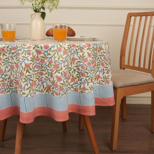 Image of Encasa XO Dining Table Cloth, Jaipuri Block Print Cotton Cover Pink | 60 inch Round | 4 Seater | Handcrafted Floral Pattern | Durable & Easy Care | Indoor & Outdoor Table Protector