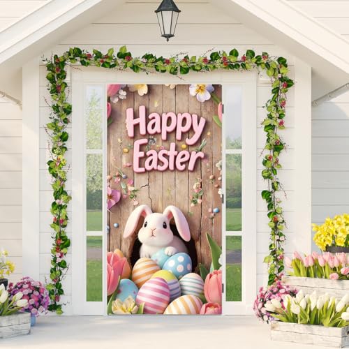 Irisbell Easter Door Cover with Elastic,Fitted 35'' x 83'' Stretchy Fabric Happy Easter Bunny Front Door Covers Decorations Holiday Party Sign Door Banner for Indoor Outdoor (Pattern 5)