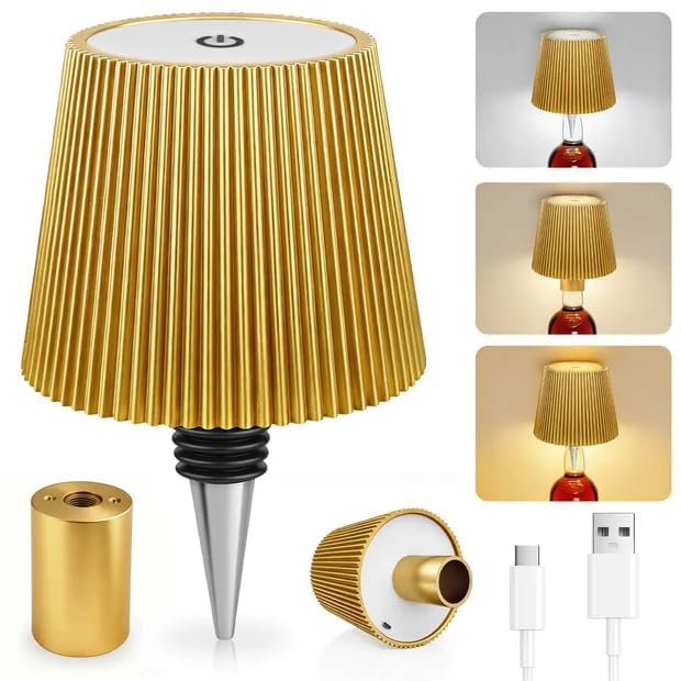 Flaschenlampe Aufsatz LED Aufladbar, 3 Einstellbare Farbtemperaturmodi, Touch Flaschen-Lampe, Schutzart IP54, Kabelloses USB Aufladbar Tischlampen, für Restaurant, Schlafzimmer, Garten, Bar (Gold)