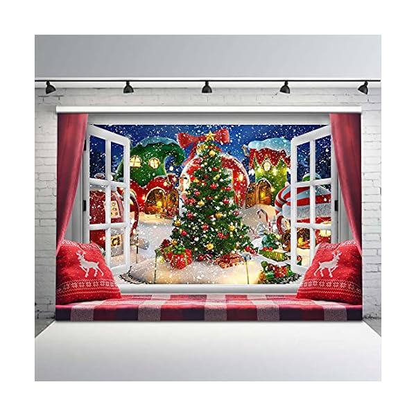 Avezano Toile de fond de Noël d'hiver pour fenêtre de photographie, arrière-plan pour décoration murale de Noël, bannière de fête, accessoires photo portrait pour enfants (2,4 x 1,8 m) 51Cil3tjgML. SS600