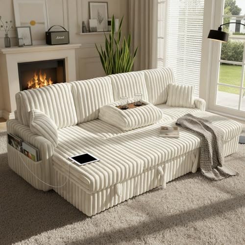 Image of KCGKCG 104 inch U Shaped Sleeper Sofa Bed, Pull Out Couches for Living Room | Pull Out Sofa Bed with Storage Chaise, Dual Cup Holders, Side Storage Pocket, Charging Station, Plush Corduroy Fabric