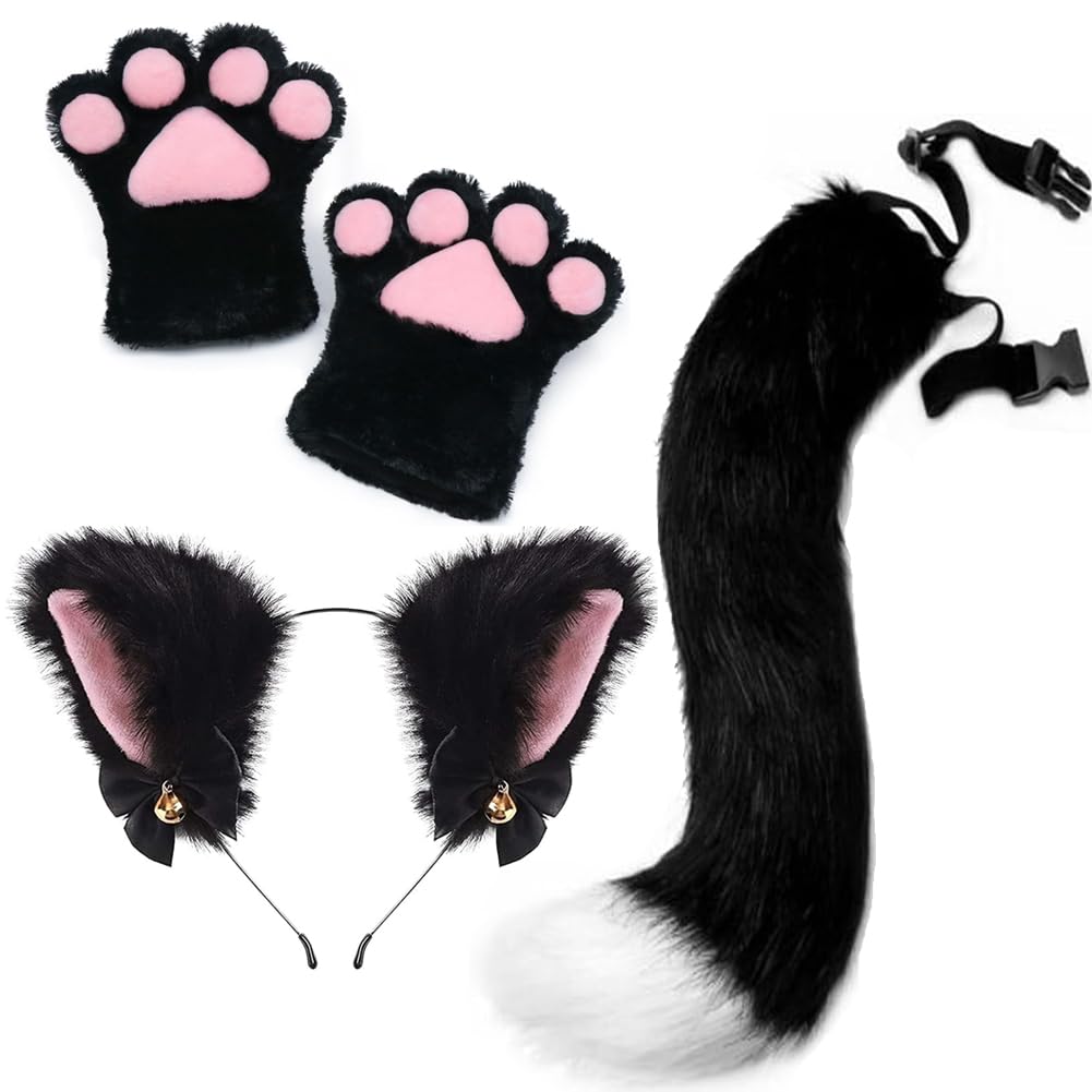 Faux Fur Cat Tail Ears Headband Set Wolf Fox Paw Gloves Fancy Party Halloween Christmas Animal Costume