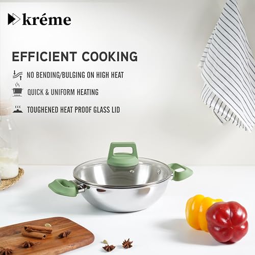 Image of Kreme Set of 2 Platina Triply Stainless Steel Kadhai with Lid (22 cms & 26 cms /Capacity 2.1 litres & 3.3 litres; Induction and Gas Compatible