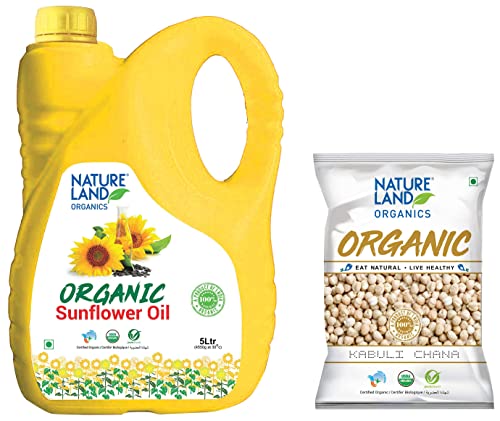 Image of Natureland Organics Sunflower Oil Jar, 5 L & Kabuli Chana / White Chana / Chole 500 Gm - Organic Healthy Chana
