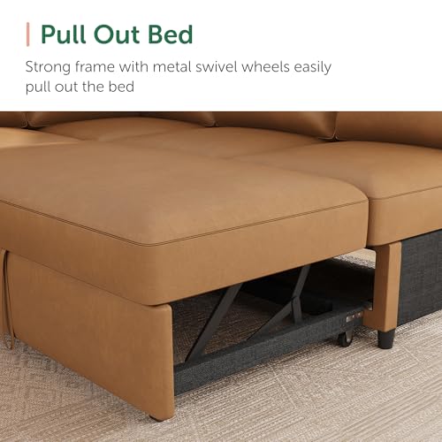 Image of HONBAY Sleeper Sectional Couch with Pull-Out Bed Sectional Sleeper Sofa Pull Out Bed with Storage Chaise, 6 Seaters Couch for Living Room, Faux Leather Brown