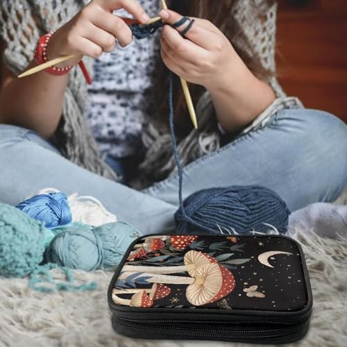 Image of Moon Mushroom Crochet Hook Case Organizer Easy to Clean Knitting Needle Storage with Web Pockets Crochet Hook Case for Travel Lightweight