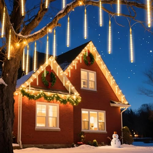 Aigostar Luces de Navidad de Lluvia de Meteoritos, 8 Tubos 30 cm, 192 LEDs, Blanco Cálido, Impermeable para Interior y Exterior de Árbol de Navidad, Patio, Fiestas