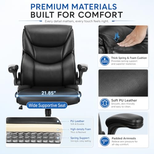 Image of Ergonomic PU Leather Office Chair - Executive Computer Desk Chair with Lumbar Support & Wide Seat, Adjustable Height Task Chair with 360 Swivel & Quiet Wheels for Home Office, Gaming, Black
