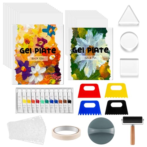 Faccito Gel Printing Plate Kit 8x10 & 5x7 Complete Beginner Gelli Plate Starter Set with Brayer Paint & Tools Gel Print Kit for Card Making Scrapbook & Mixed Media Art