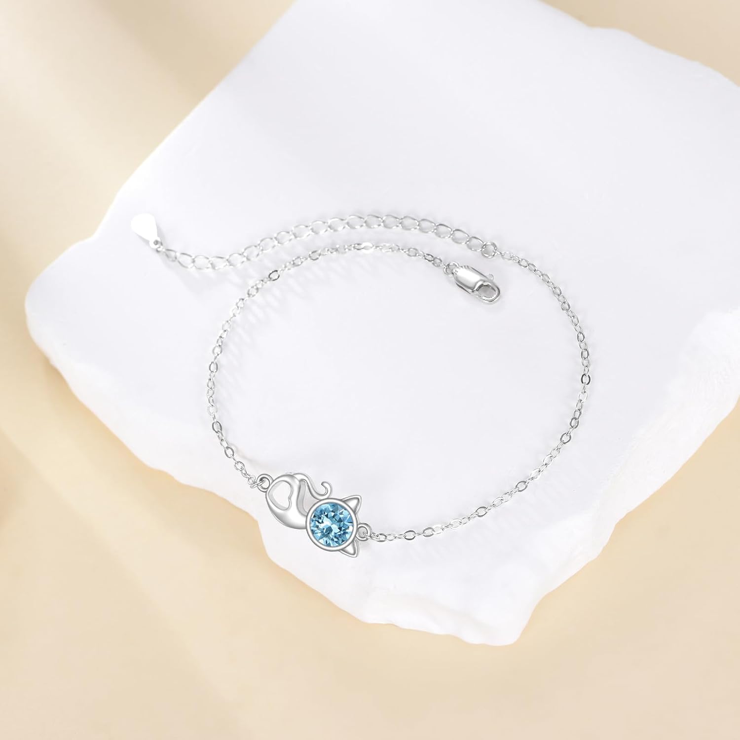 AOBOCO 925 Sterling Silver Cat Adjustable Link Bracelet Jewelry Gift for Cat Lovers Women Her, Made with Crystal