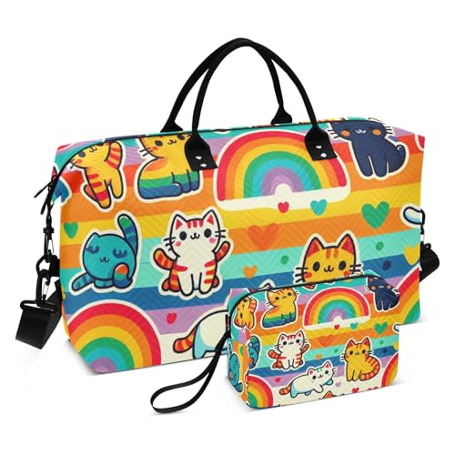Cute Rainbow Cats Travel Duffel Bag, Shoulder Weekender Overnight Bags - Large Gym Bag with Wet Pocket