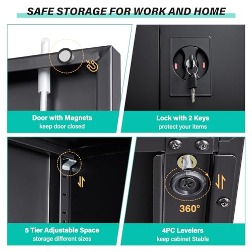 Image of SISESOL Metal Storage Cabinet with 2 Doors and 5 Shelves,71 inch Lockable Garage Storage Cabinet,Black Metal Cabinets with Lock,Locking Steel Cabinets for Home,Office,Garage,Shop,School