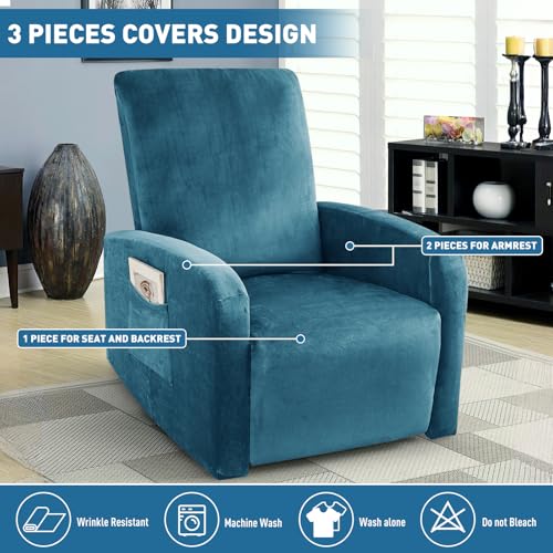 Image of ZNSAYOTX 2026 Velvet Small Recliner Cover 3-Piece, Luxury Plush Recliner Chair Covers with Elastic Band & Ties Stay in Place, Stretch Reclining Slipcover for Lazy Boy Soft Washable (Peacock Blue)