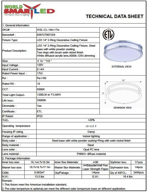 14 Inch LED Flush Mount Ceiling Light Fixture - TRIAC Dimmable - 25W Power, 2300LM - Modern Ceiling Light for Bedroom, Kitchen, Bathroom, Home & Office - ETL Certified - Silver