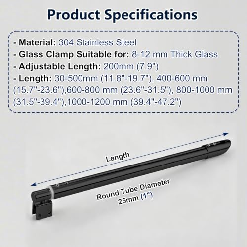Barra de soporte telescópica para mampara de ducha de 100-120cm, varilla de vidrio negro 7