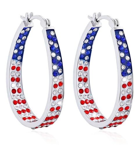 Go Ho 4th of July Patriotic Hoop Earrings American Flag Red White and Blue Sparkly Crystal Jewelry for Women Independence Day Accessories for Shirts Outfits