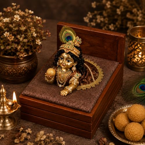 Image of Premium Polished Sheesham Wooden Laddu Gopal Jhula, Shri Krishna Swing Kanhaji, Thakurji, for Bal Gopal Idol, (Size:- 13 inchx12 inchx7 inch), Seat Size :- (8 inchx6 inch) 0 to 4 no Gopal ji (Brij Royal Bed)