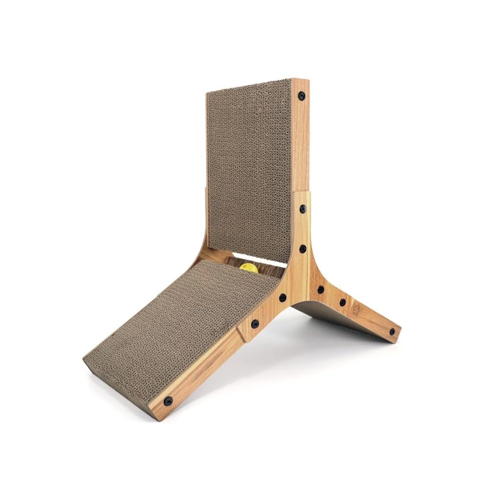 Record Triangle Cat Scratching Post - Wooden and Cardboard Frame with Catnip - Triangular Shape with Ball - Dimensions: 57 x 25 x 47h cm - Havana
