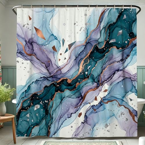 Rideau de douche anti-éclaboussures et tapis de bain bleu - 5