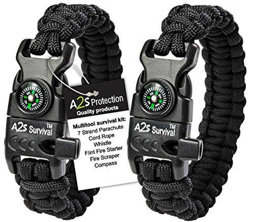 Paracord Bracelet K2-Peak – Survival Bracelets with Embedded Compass Whistle EDC Hiking Gear- Camping Gear Survival Gear Emergency Kit (Black/Black 8