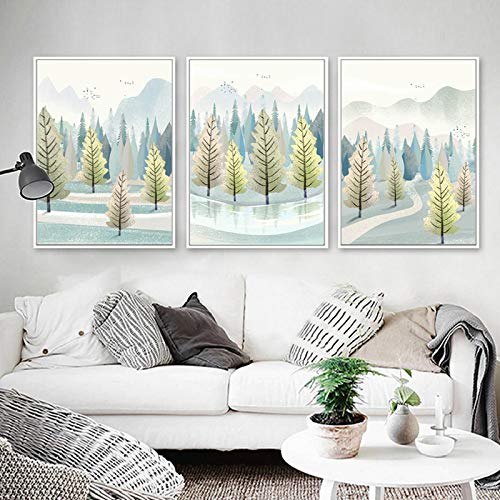 Affiche de toile pour habiller un grand mur vide salon triptyque forêt nordique 50x70