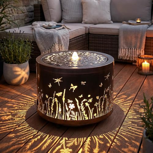 Gartenbrunnen mit LED Beleuchtung aus Metall runder Springbrunnen...