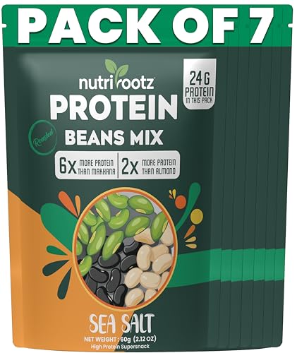 Image of Nutrirootz Roasted Protein Beans Mix | 60g x Pack of 7 | Sea Salt Flavor | 24g Protein | Edamame Beans | High Protein Snack | Diabetic & Keto Friendly | Gluten Free | Rich in Fiber & Omega-3