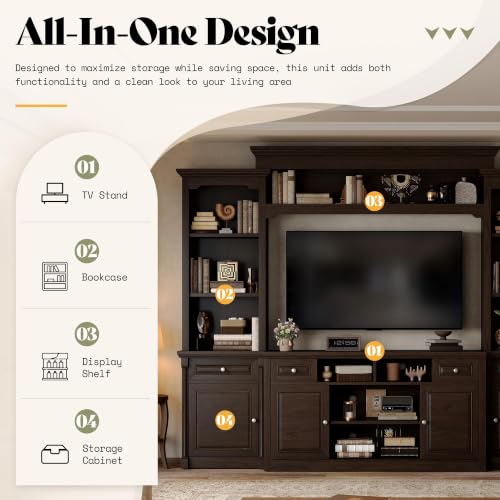 Image of AMERLIFE 102.8 inch Wall Unit Entertainment Center with Bookshelves for TVs up to 65 inch, Multifunctional TV Stand Media Console with Cabinet & Storage Drawer & Adjustable Shelf for Living Room, Dark Walnut
