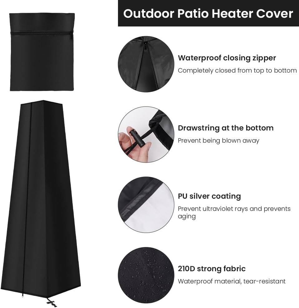 AOOWU Водонепроницаемый защитный чехол для террасы, 210D Oxford Heater Cover с шнуром и длинной молнией, защитный чехол для пирамидальных террасных обогревателей (221×61×53 см)