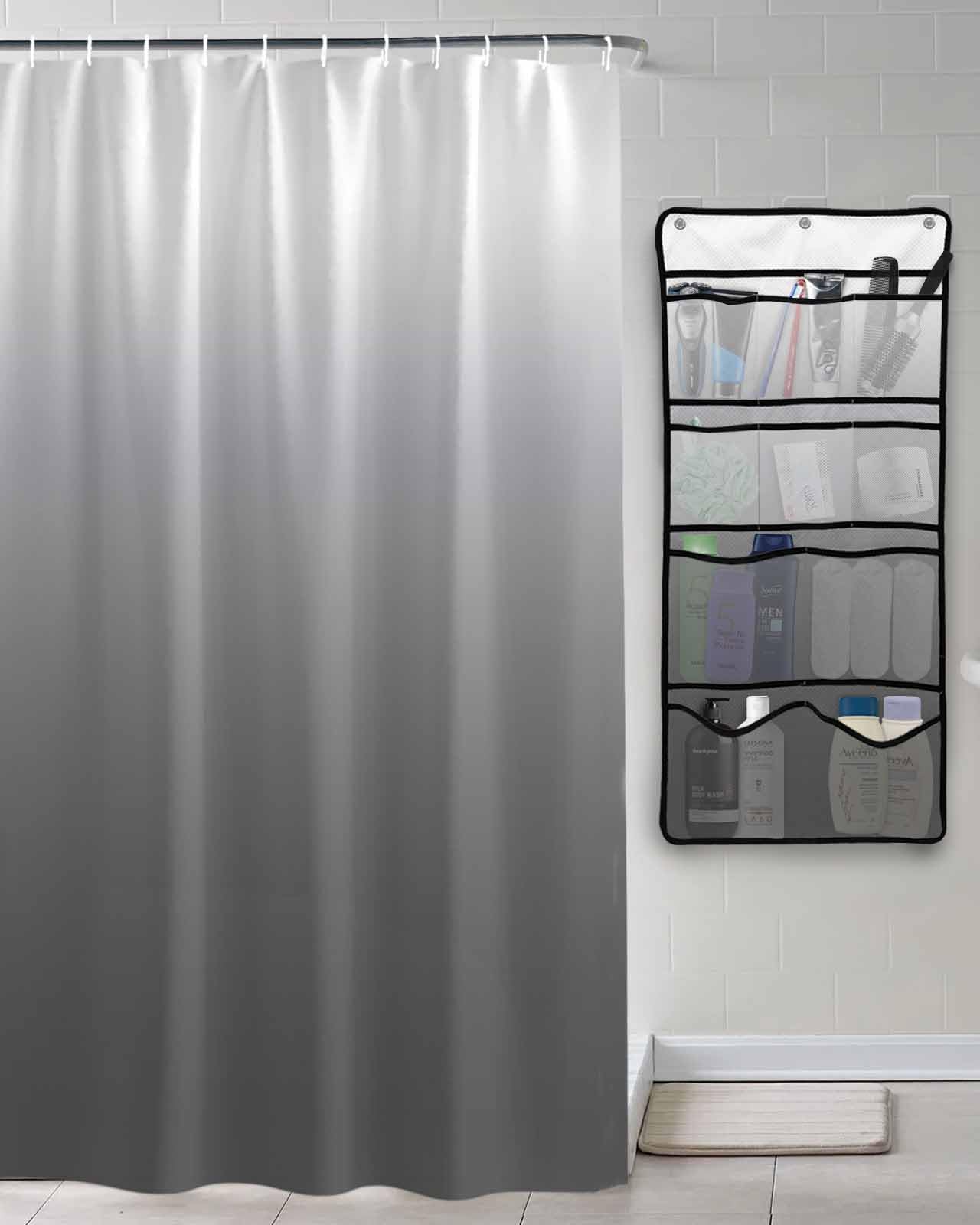 Shower Curtain Mesh Shower Organizer Hanging Set Gradient Grey Waterproof Shower Curtains with 10 Pockets Quick Dry Shower