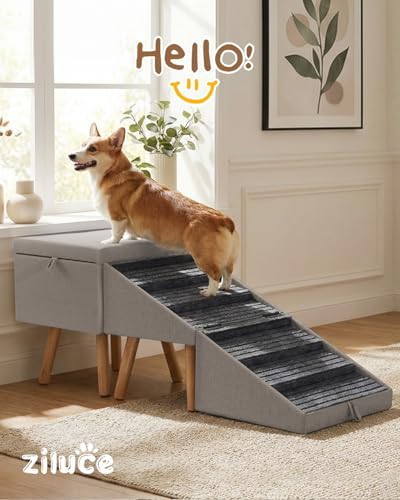 Image of Split Ottoman Dog Ramp for Bed and Couch, 21.06 inch H Non Slip Dog Stairs for Small Medium Large Dogs Cats Puppies Joint Support, 2 in 1 Foldable Wooden Pet Steps for Senior /Injured Dogs, Space Saving