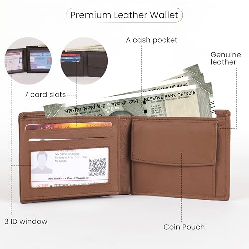 Image of KARA Tan Men's Genuine Leather Wallet - Bifold, 2 Cash Compartments, Coin Pocket, 10+ Card Slots, Hidden & Transparent Flip Sections