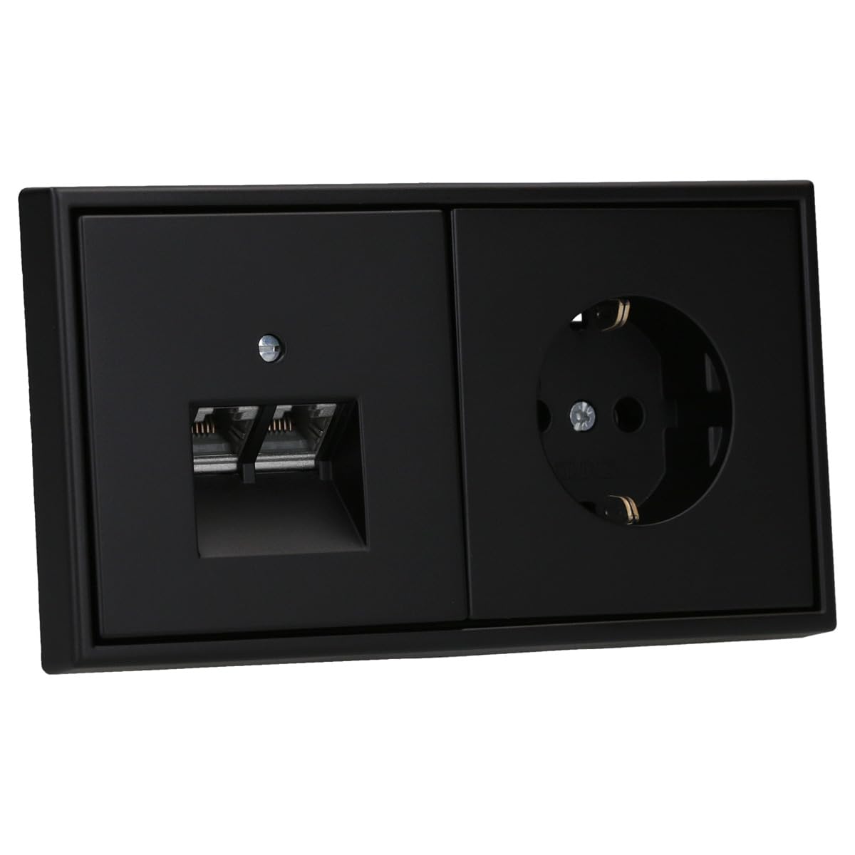 JUNG Serie LS Cat.6A Doppel-Netzwerkdose & Steckdose Graphitschwarz Matt | mit Cat.6A UAE-Anschlussdose, LS969-2UASWM Abdeckung, LS1520SWM Steckdose, LS982SWM Rahmen 2-fach