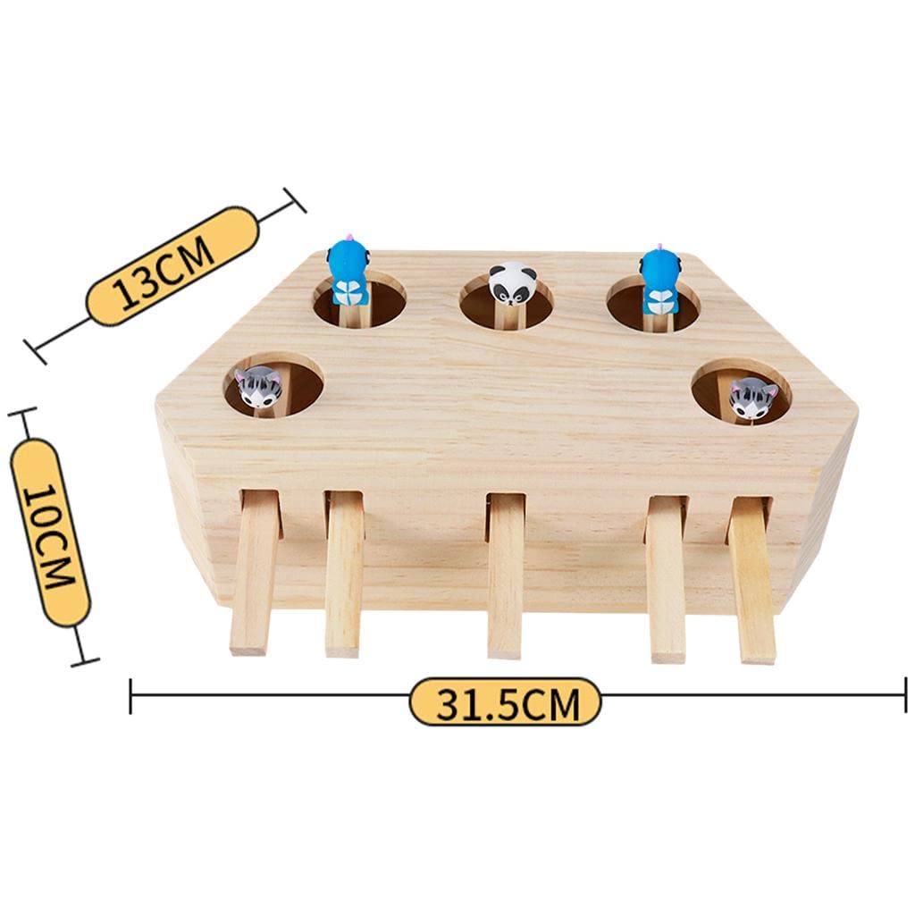 Milageto Caja de para Gatos Juguete Interactivo de Madera con Animales de Silicona Juego de Captura Y Mejora Alertidad Y Estimula Compañerismo, 5 Agujeros