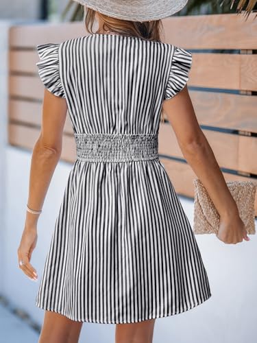 Image of CUPSHE Women's Striped Summer Dresses V Neck Casual Mini Dress Flutter Sleeve Ruffle Button Sundresses