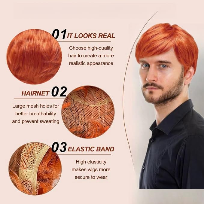 SDXCJY 2pcs Mens Ginger Wig Short Wig with Sunglasses Men's Fancy Dress Wig 60s Punk Wig Rock Wig for Men Costume Accessories for Party Punk Carnival. (Orange) - Image 3