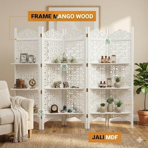 Image of Wooden Room Divider 6 Feet, 5-Panel Folding Wooden Partition for Living Room, Office, Pooja Room, Restaurant, Kitchen & Balcony