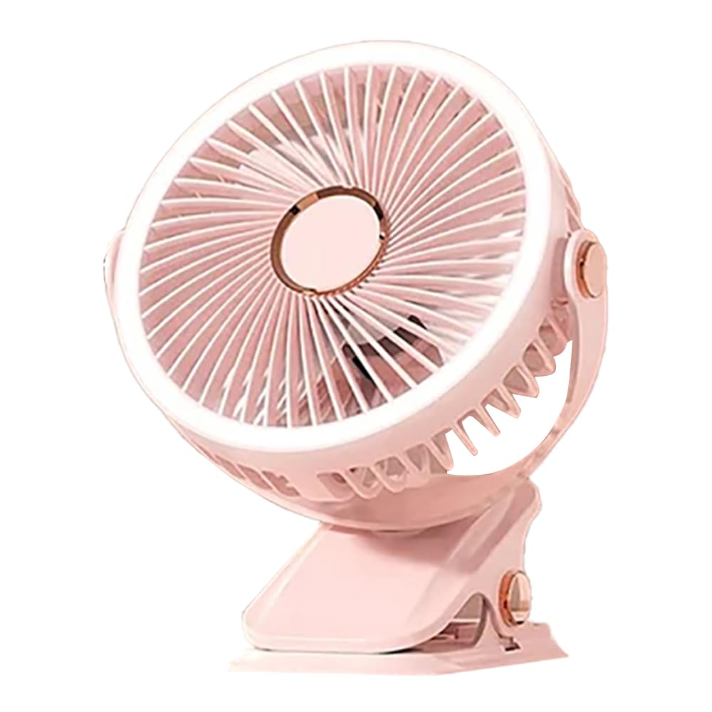 ANIROY Clip Fan, Portable USB Table Fan with 1200mAH Battery, Quiet Camping Fan, 5 Wind Speeds and 3 Lights, for Office, Bedroom, Party (Pink)