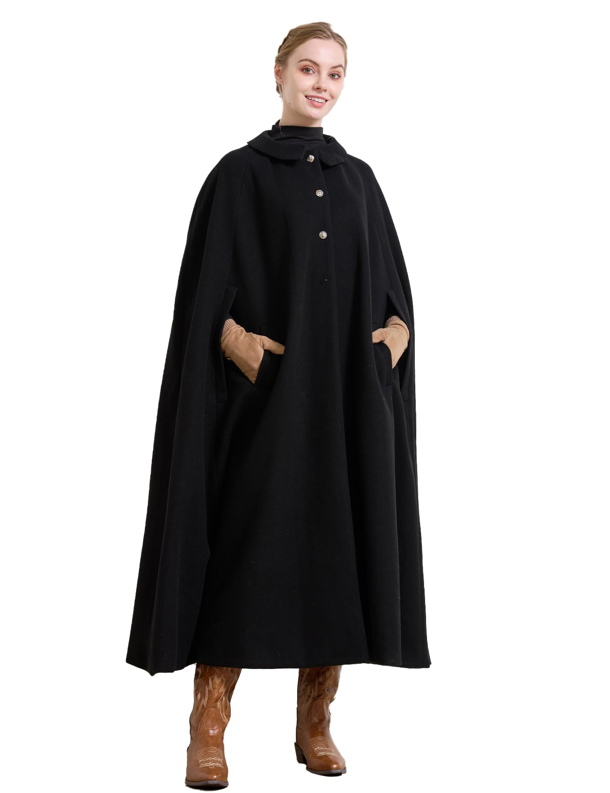 BEAUTELICATE Mantello Cappotto Donna Lungo in Lana Misto Vintage Mantello Ampio Caldo Poncho Cape per Sera Matrimonio Quotidiano Inverno Autunno con Tasche a Bottone Blu 128 cm