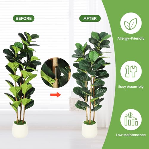 5FT Artificial Fiddle Leaf Fig Tree with Natural Wood Trunk,Tall Fake Fiddle Leaves Plant in White Planter, Floor Plants for Living Room Indoor Home Decor,Housewarming Gift